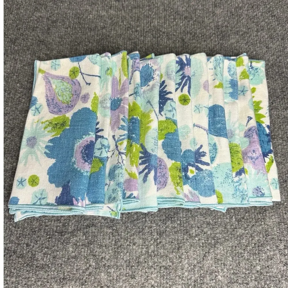 Vintage MCM linen dinner napkins 15” set of 12 Scandinavian floral fruits print